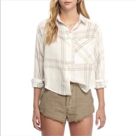 Free People Tops - Free People Beige Plaid Cropped Batwing Long Sleeve ButtonUp Shirt SzXS